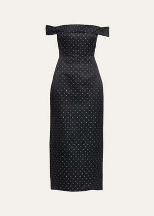 Lela Rose Polka-Dot Jacquard Off-The-Shoulder Midi Dress