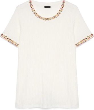 Fiorella Rubino Jersey T-shirt met kralen - Dames - Blouses - Wit - XS - Polyester - Overhemden