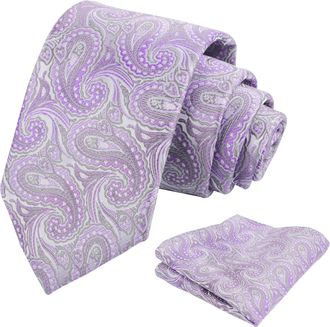 Alizeal Mens Paisley Jacquard Necktie and Pocket Square Classic Retro Business Casual Tie Set, Lilac