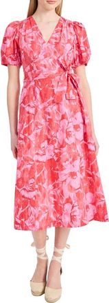 Donna Morgan Floral Puff Sleeve A-Line Midi Dress in Pink/Coral at Nordstrom Rack, Size 10