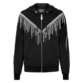 Philipp Plein Hoodie Sweatjacket Crystal Fringe - Dames - Vesten met rits - Zwart - M - Katoen - Hoodies & sweatvesten