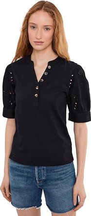 CeCe by Cynthia Steffe Elbow Puff Sleeve Mixed Media Lace Top Womens Clothing Rich Black : MD, Cotton