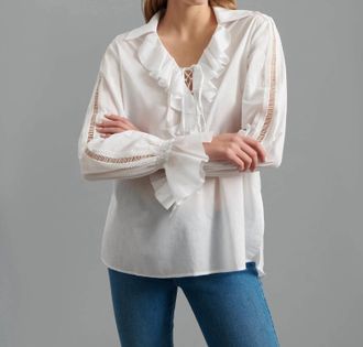 Anne Fontaine Euskal Long Sleeve Ruffled Neck Tie Blouse In White