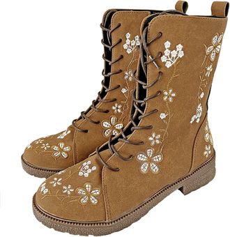 Generic Ankle Boots For Women Uk Lace Up Side Zipper Embroidered Floral Print Shoe Fur Lined Warm Slip On Womens Ankle Boot Snow Rain Waterproof Leather Shoes