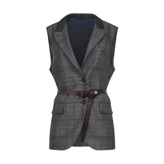 Brunello Cucinelli Waistcoats, female, Gray, S, Check-pattern Belted Waistcoat