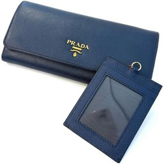 Prada Bluette Navy Saffiano Metal Long Wallet (Bi-Fold) (Pre-Owned)