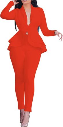Generic Clothing Womens Top Women Two Piece Outfits Fashion Solid V-Neck Ruffle Patchwork Design Temperant Long Sleeve Coat Trouser Suit African Fashion, oran