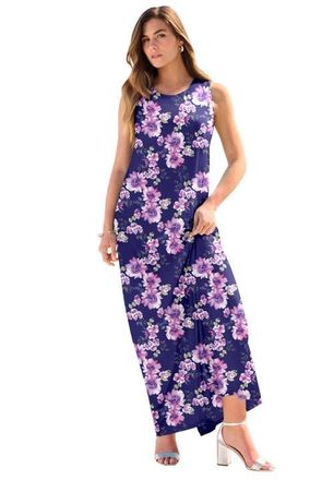 Roaman's Plus Size Sleeveless Crew Neck Maxi Dress in Navy Purple Floral at Nordstrom, Size 36