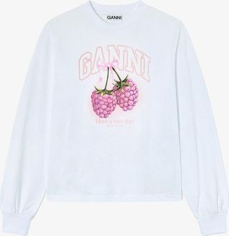 Ganni White Long-sleeve T-shirt with Raspberries - Size XS Organic Cotton