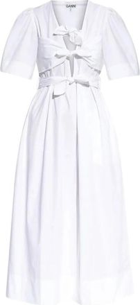 Ganni Wast Stretch Katoenen Midi Jurk met Strikbandjes - Dames - Casual kleedjes - Wit - L - Katoen - Kleedjes