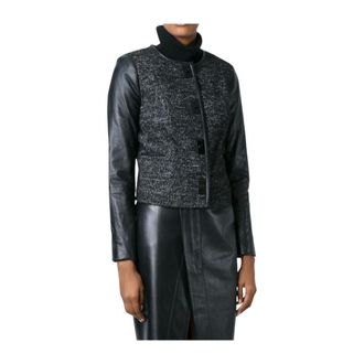 Michael Kors Jas met wollen voorpand en leren mouwen - Dames - Jassen - Zwart - Maat: 2XL Wol