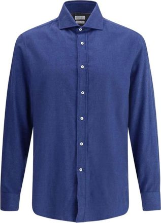Brunello Cucinelli Overhemden, Heren, Blauw, L, Katoen, Overhemd van Visgraatkatoen en Lyocell-blend