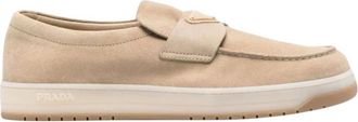 Prada Schoenen, Heren, Beige, 42 EU, Suède, Suede Loafers Monogram Casual