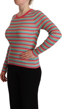 Dolce & Gabbana Womens Multicolor Stripes Silk Crew Neck Pullover Top