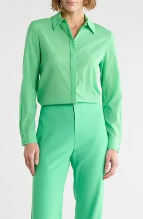 Alice & Olivia Willa Placket Silk Blend Top in Garden Green at Nordstrom Rack, Size X-Large