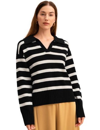 LilySilk Womens Stripped Sweater 100% Merino Wool Oversized Polo Pullover for Fall Winter(Black&White Stripes,S)