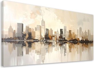 Feeby Cuadro En Lienzo, Ciudad Moderna En Colores Beige, 120x60