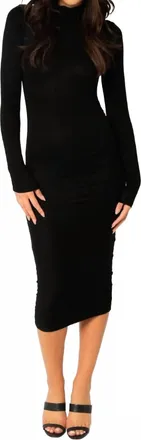 Olivaceous Ruched Mock Neck Midi Dress In Black
