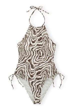 Ganni Recycled Printed Tieband Swimsuit - Size 10/12 White