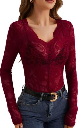 Feoya Womens Lace Shirt Long Sleeve Tops Sexy Tops for Women Mesh Sheer Blouses Floral Transparent Shirts V Neck Top Red XXL