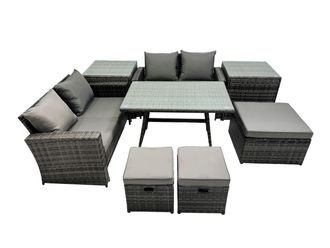 Fimous 7 Seater Outdoor Table Double Seat Sofa 3 Stools 2 Side Table Set in Dark Grey