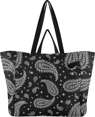 Generic Paisley Black pattern Reusable Canvas Tote Bag, Heavy Duty Grocery Shopping Bag with Hard Bottom Double Handles Large Capacity Work Groceries Travel