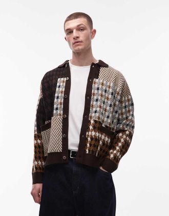 Obey Cardigan in maglia patchwork marrone e beige con bottoni-Multicolore