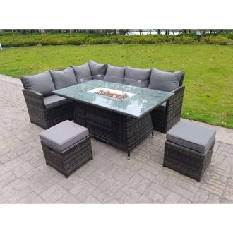 Fimous Fimous High Back Corner Rattan Garden Furniture Sofa Gas Fire Pit Gas Heater Dining Table Sets 8 Seater 2 Small Footstools