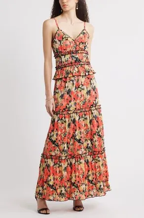 Chelsea28 Ruffle Plissé Maxi Sundress in Orange- Tiana Floral at Nordstrom Rack, Size Xx-Small