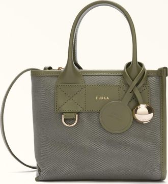 Furla Divide It Borsa Shopping Mini Avocado Verde Tessuto Di Canvas + Pelle Di Vitello Morbida Donna