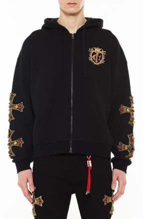 Cult of Individuality Family Crest Zip-Front Cotton Hoodie in Black at Nordstrom, Size Xx-Large