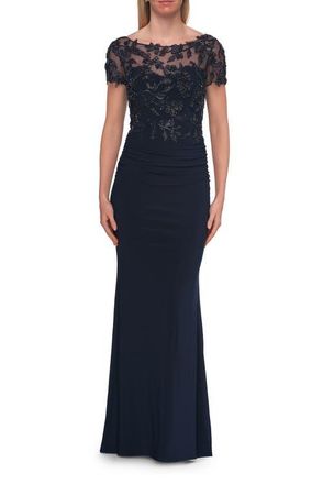 La Femme Beaded Lace Illusion Bodice Evening Gown in Navy at Nordstrom, Size 14
