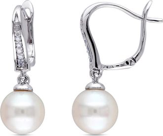 Amour 8 - 8.5 Mm White Cultured Freshwater Pearl and Diamond Drop Leverback Earrings In Sterling Silver