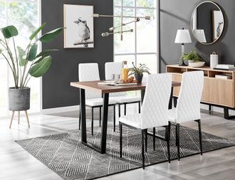 Furniturebox Kylo Brown Wood Effect Dining Table With Black U Legs & 4 Milan Faux Leather Chairs in White