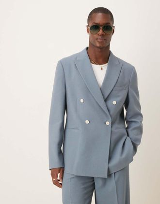 Asos Giacca da abito doppiopetto blu testurizzata-Nero