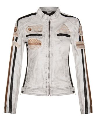 Infinity Leather Womens Biker Racing Badges Jacket-Agadir - White - Size 24 UK