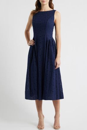 All in Favor Broderie Anglaise Fit & Flare Midi Dress in Navy at Nordstrom, Size X-Large