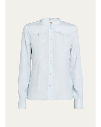 Chlo&eacute; Striped Silk Chest Yoke Button-Down Top