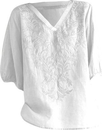 Generic Womens 2026 Summer Cotton Linen Top - Half Sleeve Shirt, Loose Crewneck, Casual Boho Style, Vintage Embroidered Blouse(1B-White, XL)