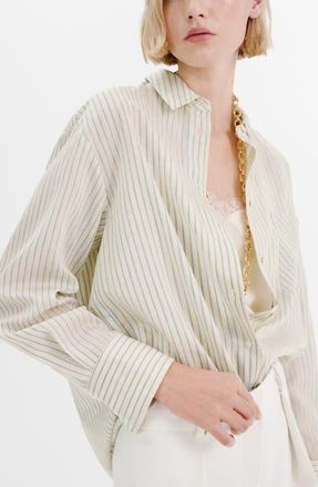 Mango Stripe Oversize Button-Up Shirt in Pastel Yellow at Nordstrom, Size 4