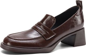 Generic Womens Chunky Block Heel Loafers Glossy Faux Leather Round Toe Slip On Dress Shoes with Pull Tab Lightweight Comfortable Durable Anti Slip Low Top,Bro