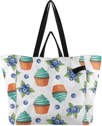 Generic Cupcakes Blueberries White pattern Reusable Canvas Tote Bag, Heavy Duty Grocery Shopping Bag with Double Handles Hard Bottom Large Capacity Work Groce