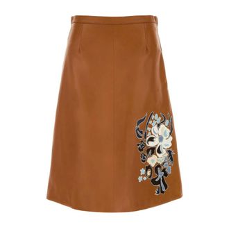 Marni Leather Skirts, female, Brown, Size: XS Leather Skirt with Flower Intarsia