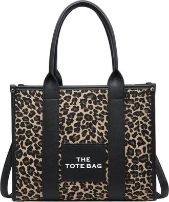 Generic THE TOTE BAG Leopard Print Canvas Handbag, Black Leather Trim, Designer Shopping Tote with Shoulder Straps (Beige)