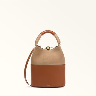Furla Sfera S Bucket Bag In Leather And Fabric, Cognac Color