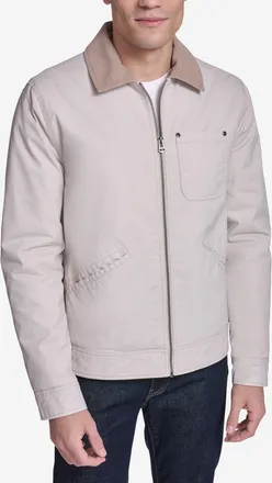 Cole Haan Mens Coated Cotton Trucker Jacket with Corduroy - Beige Size Medium