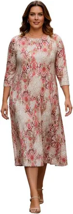 Roaman's Plus Size 3/4 Sleeve Boatneck Swing Dress in White Animal Ikat at Nordstrom, Size 16