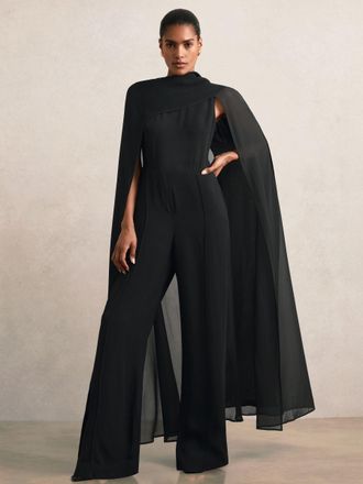 Reiss Black Wide-leg Cape Jumpsuit, 14