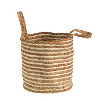 Nearly Natural 14-in Boho Chic Basket Planter Natural Cotton and Jute, Handwoven Stripe with Handles in Beige at Nordstrom
