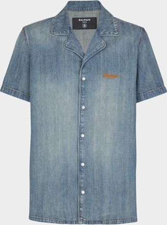 Balmain Mens Logo-Embroidered Faded Denim Short-Sleeve Shirt